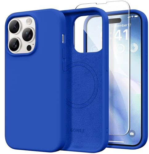 GONEZ Magnetic for iPhone 14 Pro Case, Silicone Cover Klein Blue | Compatible with MagSafe, Screen Protector, Microfiber Lining, 3 Layers Soft Gel Rubber Shockproof Slim 6.1