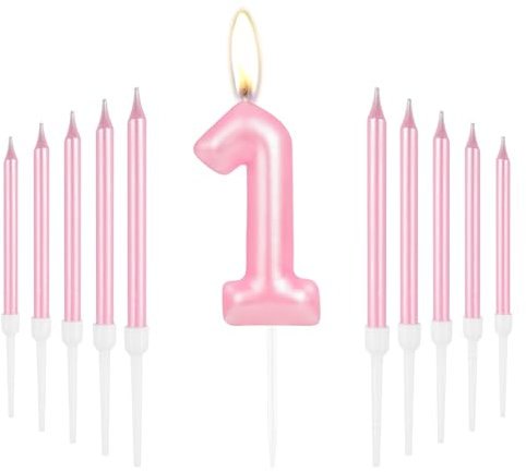 Happy 1st Birthday Candles, Pink Long Stick Candles, Number 1 Candle, Birthday Candles for Cake, Candles Cake Cupcake Toppers for Girls Baby First Birthday Party 1st Wedding Anniversary Decorations
