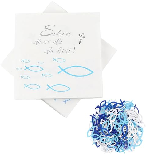 ALEGRE® 50 Stücke Holz Fische Deko und 20 Taufe Deko Servietten,Kommunion Deko Holzfische,Konfirmation Deko Blau Weiß,Kommunion Taufe Tischdeko,Holz Fische Streudeko für Taufe,Kommunion,Konfirmation