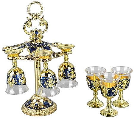 6 Stück Goldkelch, Geformte Krone, Bronzekelch, Vintage-Kelch, Zinklegierung, Geprägtes Blumenmuster, Zuhälterbecher Für Party, Bankett, Bar, Familie(Blau)