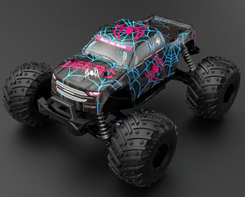DEERC 1:16 Ferngesteuertes Auto, Leuchtende Spinnen-Design RC Auto, bis zu 15 km/h, 30 Minuten Spielzeit, All-Terrain 2.4GhZ Monster Spider Truck – Geschenk für Kinder von 6 7 8 9 Jahren