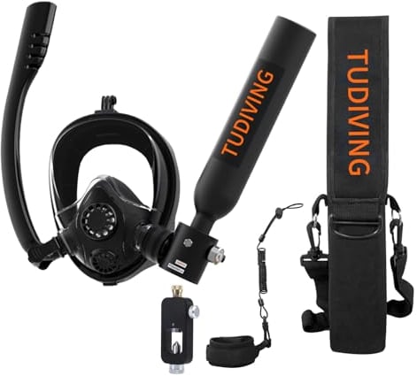 TUDIVING Ensemble de réservoir de plongée sous-Marine 0.5L, Mini Cylindre d'oxygène avec Masque de plongée Complet, Kit de plongée de Voyage Portable (S200Plus Black-A2)