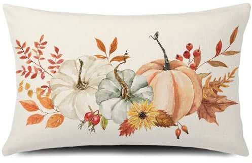 GTEXT Herbst-Kissenbezug, Herbstdekoration, Kürbisse, Herbstblätter, Überwurf-Kissenbezug, 30,5 x 50,8 cm, Bauernhaus-Outdoor-Kissen, Leinen, Lendenkissenbezug für Couch, Bett, Sofa, Garten, Terrasse