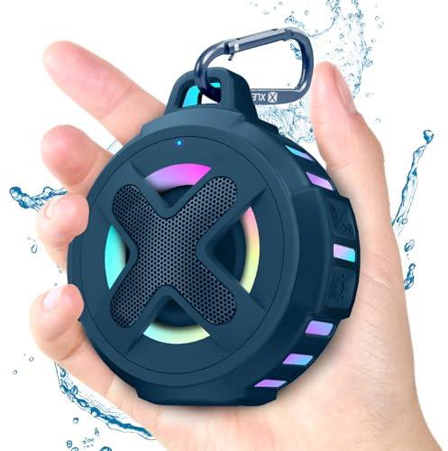 Xleader Pequeño Altavoz Bluetooth Portátil, IPX7 Impermeable Flotante Ducha Piscina Playa Altavoz con Luces, Clip, Micrófono, Bassup, 2000mAh, Kayak Barco Golf Accesorios, Regalos, Azul Marino