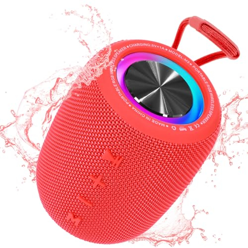 SENXINGYAN Altavoz Bluetooth Portátil 20W, Impermeable IPX6 con Sonido Estéreo HD, 16 Horas de Reproducción, Luces LED, Micrófono Integrado, Radio FM, Compatible con TF/AUX (Rojo)