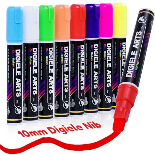 DIGIELE Kreidestift für Fenster, Glas und Spiegel, 8 Farben Kreidestifte 10mm Dicke Stiftspitze, Trocken oder Feucht Abwischbare Flüssigkreide, Ungiftige Tinte für Alle Nicht Porösen Oberflächen