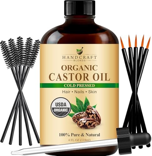 Handcraft Blends Cold-Pressed Organic Castor Oil in Glass Bottle with Lash Brushes - 118 ml - 100% Pure and Natural - Premium Grade Carrier Oil for Hair Growth, Eyelashes and Eyebrows - Hair and Body