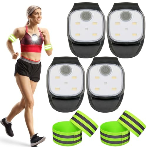 4 Stück LED Clip Lampe - Lauflicht Clip mit 2 Paar Reflective Armbänder, USB Wiederaufladbar 4 Beleuchtungsmodi Lauflicht Clip, Wasserdicht Lampe Joggen Clip für Jogging Wandern Rucksack Camping