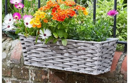 Grey Rattan Effect Window Basket Wall Fence Balcony Planter Trough Basket Excellent For Decorative Displays Home Decor - A28