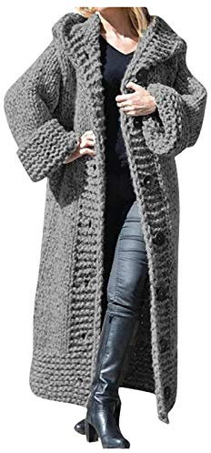 Strickjacke Damen Lang, Cardigan Damen Mit Kapuze, Langarm V-Ausschnitt Strickmantel Damen Mit Knopfleiste Und Taschen Strickjacke Große Größen Kuschelig Cardigan Winte Pendelverkehr Pullover Cardigan