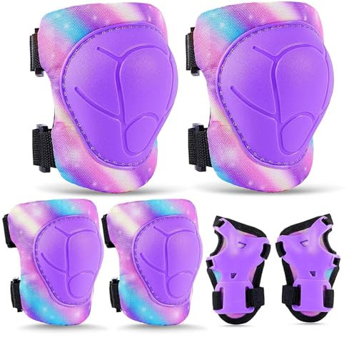Unicorn Castle Knieschoner Kinder Schoner Set Inliner Schützer 6 in 1 Schutzausrüstung Kinder Ellenbogenschoner Handgelenkschoner Protektoren für 3-8 Jahre,Yellow Purple
