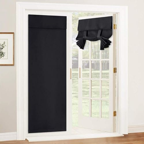 Blackout Door Curtains, French Door Blinds Stick-On Curtains, Control Light, Thermal Insulation Blackout Curtains, Front Door Curtains Tie-Down Shades, No Drilling Required, Easy Installation(Black,W2