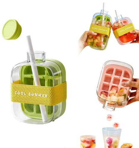 Ice Cube Bottle,2 In 1eiswürfelflasche, Eiswürfelform Mit Strohhalm, Eiswürfelflasche Mit Deckel, Einfaches Drücken, Um Das Eis Zu Lösen, Eiswürfelform Für Getränke, Kaffee, Saft (Grün, 500ML)