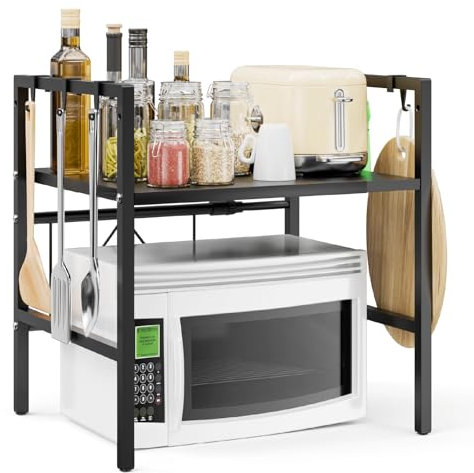 JSUDQR Nouvelle Version 2 Niveaux Support Extensible pour Four à Micro-Ondes Nero Plus Stable Support d'étagère de Cuisine en Acier au Carbone Organisateur de Cuisine avec 6 Crochets Longueur 40-60cm