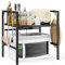 JSUDQR Nueva Versión 2 Niveles Soporte Extensible para Horno de Microondas Negro Más Estable Estanteria para Microondas en acero al carbono Organizador Estanteria para Encimera de Cocina con 6 Ganchos