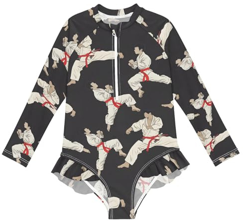 ALAZA Girls Bathing Suit Long Sleeve Rash Guard for Girls Karate Black UPF 50+ 7-8T