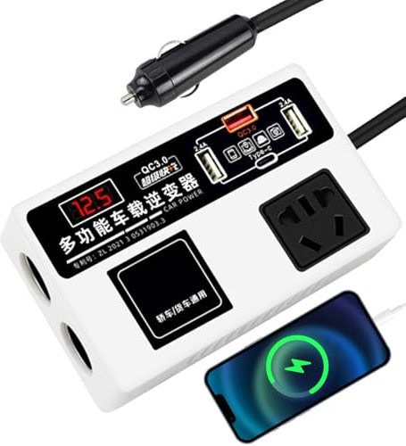 Inversor De Coche,Toma De Corriente Del Inversor De Coche | DC 12V/24V A 220V, Convertidores De Potencia Para Vehículos | Adaptador De Salida Para Coche De 200 W, Cargador USB De Carga Rápida Para Tel
