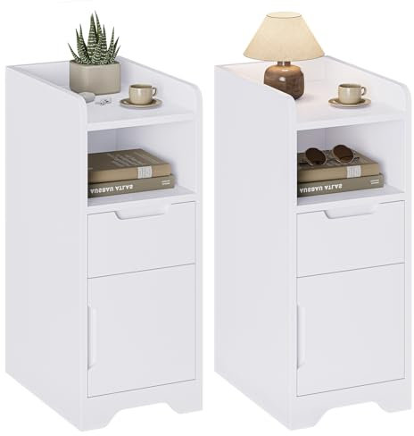 Brinlawb Nachttisch 2er Set, Nachttisch Schmal Nachtschrank 2er Set mit 1 offenen Fach, 1 Schublade und 1 Schrank mit Tür, Beistelltisch Schmal Sofatisch Nightstand für Schlafzimmer Wohnzimmer, Weiß