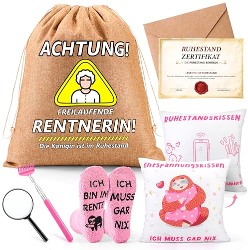 ZJTAPE Rentner Geschenk Frau - Witzige Geschenkbeutel Set, Renteneintritt Geschenk mit Grußkarte, Lustige Socken, Zierkissenbezüge, Lustige Ruhestand Geschenke für Frauen Abschiedsgeschenk Kollegen