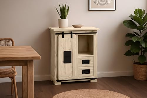 SAM Sideboard Libro IV 75x36x90 cm, Akazie Eiche, Kommode | mit Holzschiebetür, 2 Schubladen & 4 offenen Fächern, Türelemente & Reling aus Eisen, Akazienholz eichefarben & massiv
