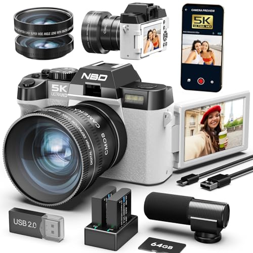 NBD 5K 64MP Digital Cameras for Photography - 16X Zoom with Autofocus, WiFi & App Control, Anti-Shake, 180° Flip Screen, Includes 64GB TF Card, 52mm Wide Angle and Macro Lens (White)
