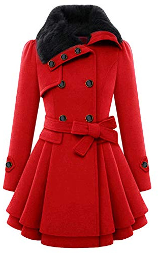 EFOFEI Donna Cappotto Duffle Con Collo Di Pelliccia Faux Fur Collo Revers Doppio Petto Bottoni Orlo Pieghettato Trench Giacca Con Cintura Rosso L