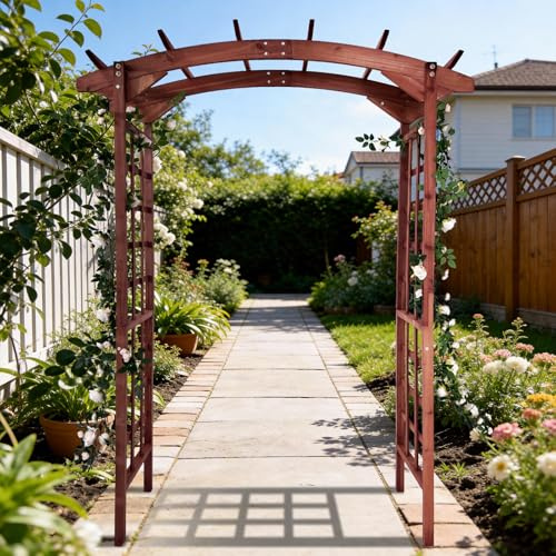 Arche de Jardin en Bois de Sapin Robuste pour Plantes grimpantes – Treillis Plat décoratif pour Mariage, fête, terrasse, Jardin – Finition carbonisée (Couleur Teck, Arqué)