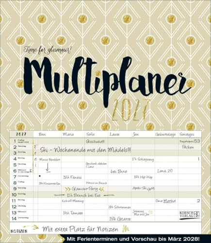 Multiplaner - Time for glamour 2027: Typo-Art Familienplaner, 7 breite Spalten. Schöner Familienkalender mit Ferienterminen, extra Spalte, Vorschau für 2027 und Herz-Datumsschieber. Format: 40x46 cm