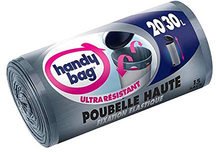 Handy Bag 1 Rouleau de 15 Sacs Poubelle 30 L, Pour Poubelles Hautes, Fixation Élastique, Ultra Résistant, Anti-Fuites, 47 x 78 cm,Gris Foncé, Opaque