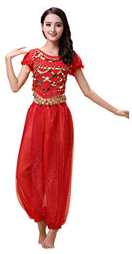 Haodasi Bauchtanz Kostüm für Damen Tanzen Top + Laterne Hosen Professionel Karneval Tänzer Outfit Suit
