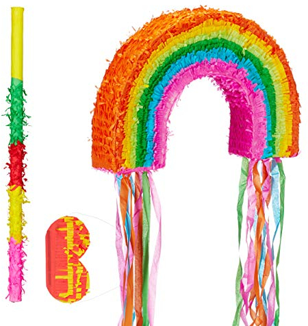 Relaxdays 3 TLG. Pinata Set Regenbogen, Pinatastab mit Augenmaske, für Kinder, Stock & Augenbinde, selbst befüllen, Piñata, bunt
