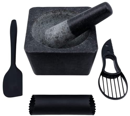 Pepe Nero Large Granite Mortar and Pestle Set - Heavy Duty Stone Grinder Bowl, Non Slip Base (Black, 5.5)