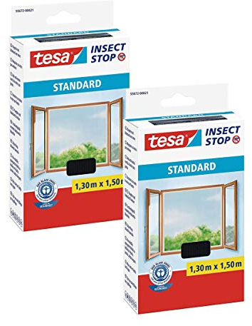 tesa® Insect Stop Standard Fliegengitter für Fenster - Insektenschutz zuschneidbar (2er Pack - Anthrazit (Durchsichtig), 1,3m:1,5m)