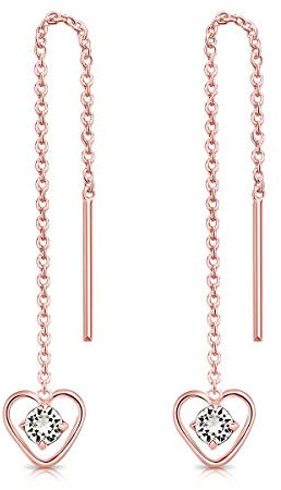 Orecchini Cuore Pendenti Argento 925 Placcati Oro Rosa 18K con Brillantini Punto Luce di Cristallo - Orecchini Donna Lunghi Brillanti - Classici Eleganti Ipoallergenici - Gioielli Regalo Donna