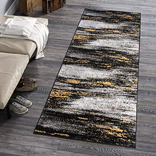 Carpeto Rugs Teppich Läufer Flur - Modern Teppichläufer – Kurzflor, Weich - für Küche Vorzimmer Eingangsbereich Schlafzimmer - Meterware 80 cm Breit - Grau Gelb 80 x 250 cm