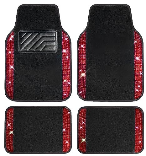 CAR PASS Bling Diamant Auto Fußmatten, Glänzend Glitzernder Kristall, Universal Fussmatten Auto mit Rutschfestem PVC Fersenpolster für SUV Limousine Van, 4 Stück für Mädchen Damen Herren(Rot)
