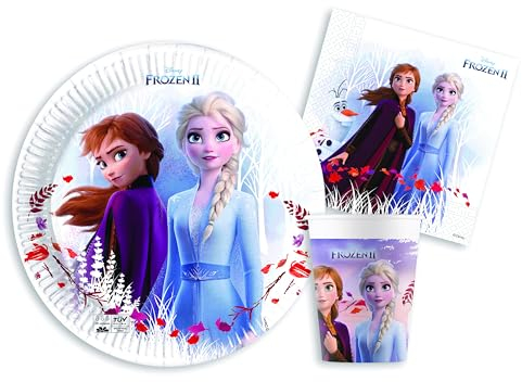 Kit Party Tavola Disney Frozen II in carta FSC compostabile per 24 persone (88 pezzi: 24 piatti Ø23cm, 24 bicchieri, 40 tovaglioli)