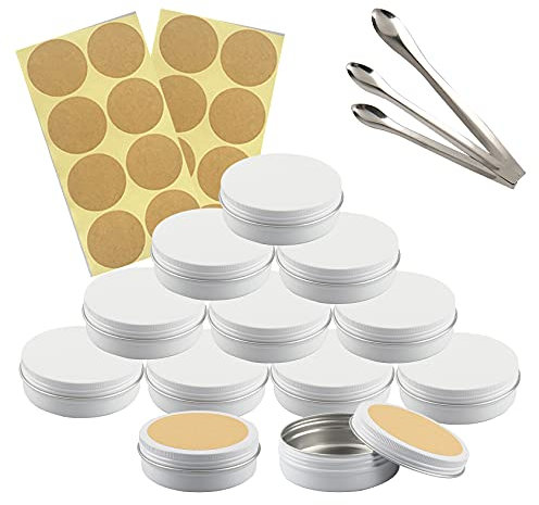 TIANZD 50 Pièces 100 ml Vide Rond Blanc Pots en Aluminium Cosmétiques Pot Canettes Bocaux Conteneurs 100ml for Fait Main Bougies Crème Baume Voyage, 3x aluminium cuillère, 50x Étiquettes