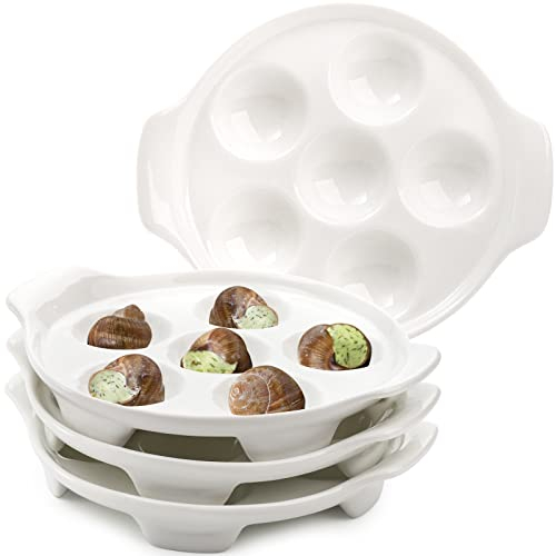Okllen Lot de 4 assiettes Escargot en céramique avec 6 trous et poignées, 16,5 cm, plats à pied pour fruits de mer, escargot, barbecue, pour la maison, la cuisine, le restaurant
