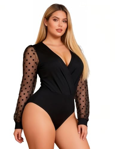 ohyeahlady Women's Bodysuits Long Sleeve Mesh Bodysuit with Polka Dot Sleeves Lace Bodysuit Leotard Tops Body Suits Ladie Sexy Outfits UK 12-14