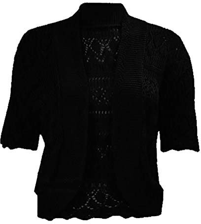 FAIRY BOUTIQUE Womens Plus Size Crochet Knitted Short Sleeve Cardigan Ladies Open Front Shrug Bolero Top Sizes 8-30 (Black UK 28-30)