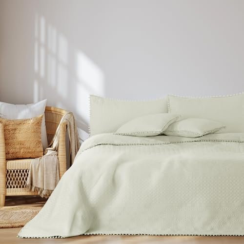 AmeliaHome Tagesdecke mit Pompons 200x220 cm Bettüberwürf zweiseitig Ultrasonic Steppung Polyester Meadore Creme