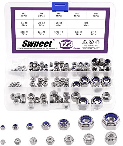 Swpeet 123Pcs Metric and SAE 304 Stainless Steel Lock Nut Nylon Insert Hex Lock Nut Assortment Kit, Hex Locknuts for Lock Washers (M3 M4 M5 M6 M8 M10 M12#8-32#10-24 1/4-20 5/16-18 3/8-16)