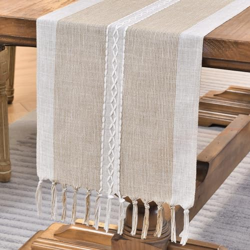 Wracra Camino de Mesa de Algodón Bordado, Estilo Campesino para Interior y Exterio Camino de Mesa Café 180cm con Borlas para Decoración de Fiestas y Cocinas (Café, 180cm)