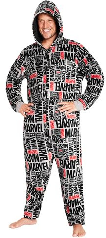 Marvel Pigiama Intero Uomo - Caldo Pigiamone in Pile Con Cappuccio S-3XL - Invernale Gadget Regalo (Grigio/Nero, L)