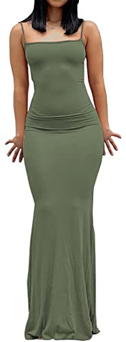 WINKEEY Sexy Maxi Robe Femme Robe Longue Moulante à Bretelles Robe d'été Slim Fit Casual Soirée Cocktail, Vert XS