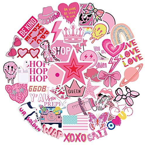 CSDPC Pink Preppy Style Stickers - 50Pcs Cute Vsco for Laptop, Car, Scrapbook, Phone, Skateboard, Computer - Vinyl Waterproof Aesthetic for Teens, Boys, Girls, Adults