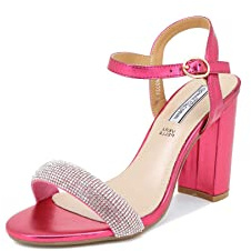 QUEEN HELENA Sandalias elegantes con tacón medio con pedrería para mujer ZM9331, fucsia, 38 EU