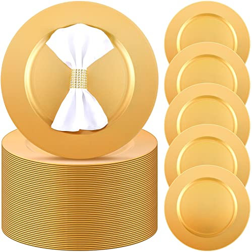 Zhehao 100 Pcs 13 Inch Charger Plates Party Chargers Plastic Chargers for Dinner Plates Under Plates for Dining Round Wedding Chargers for Table Setting, Party Event, Decoration (Gold)