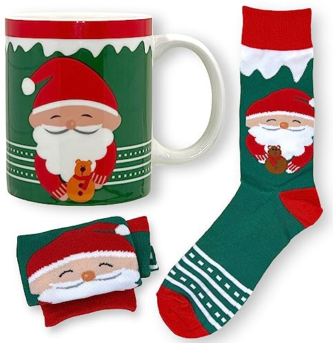 MIJOMA Tassen-Socken-Set: Geschenkset Kaffeebecher mit Socken in Einheitsgröße, 300ml Keramik-Henkelbecher für Heiß- & Kaltgetränke, Tee, Kaffee, Heiße Schokolade (Weihnachtstasse Weihnachtswichtel)
